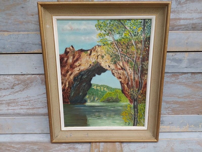 Tableau Le Pont d'Arc Ard�che Huile sur Toile Sign� E.G 80 Loches (37)