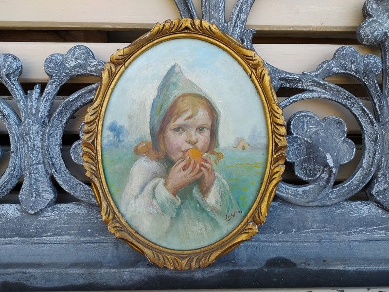 Tableau Portrait d'Enfant Mangeant un Fruit Sign� 1942 70 Loches (37)