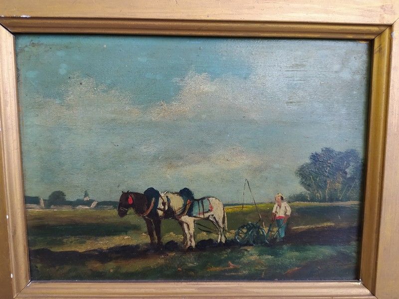 Tableau Sc�ne Paysanne Chevaux Labours Villiers sur Marne 1 Loches (37)