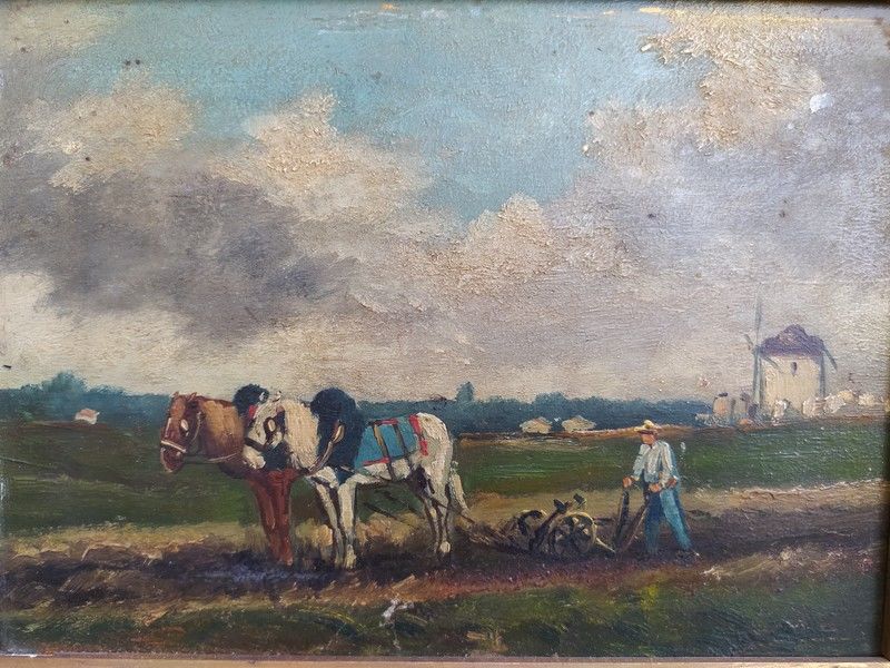 Tableau Sc�ne Paysanne Chevaux Labours Villejuif Moulin 1 Loches (37)