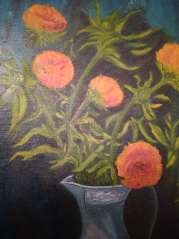 Tableau vase de fleurs sur fond bleu; unique, peint main. 18 Mitry-Mory (77)