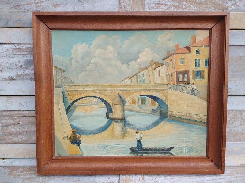 Tableau Ville � Situer Pont et P�cheurs Sign� M. DAVID 1933 120 Loches (37)