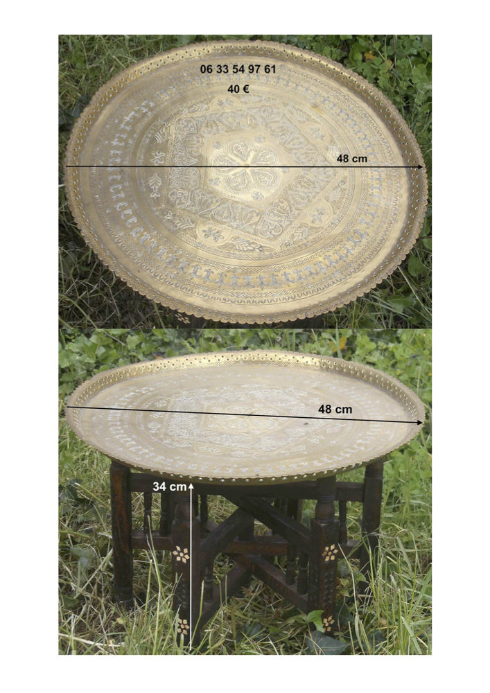 2 Tables-plateaux � th� orientales, cuivre cisel� sur pied 45 Montredon-Labessonni� (81)