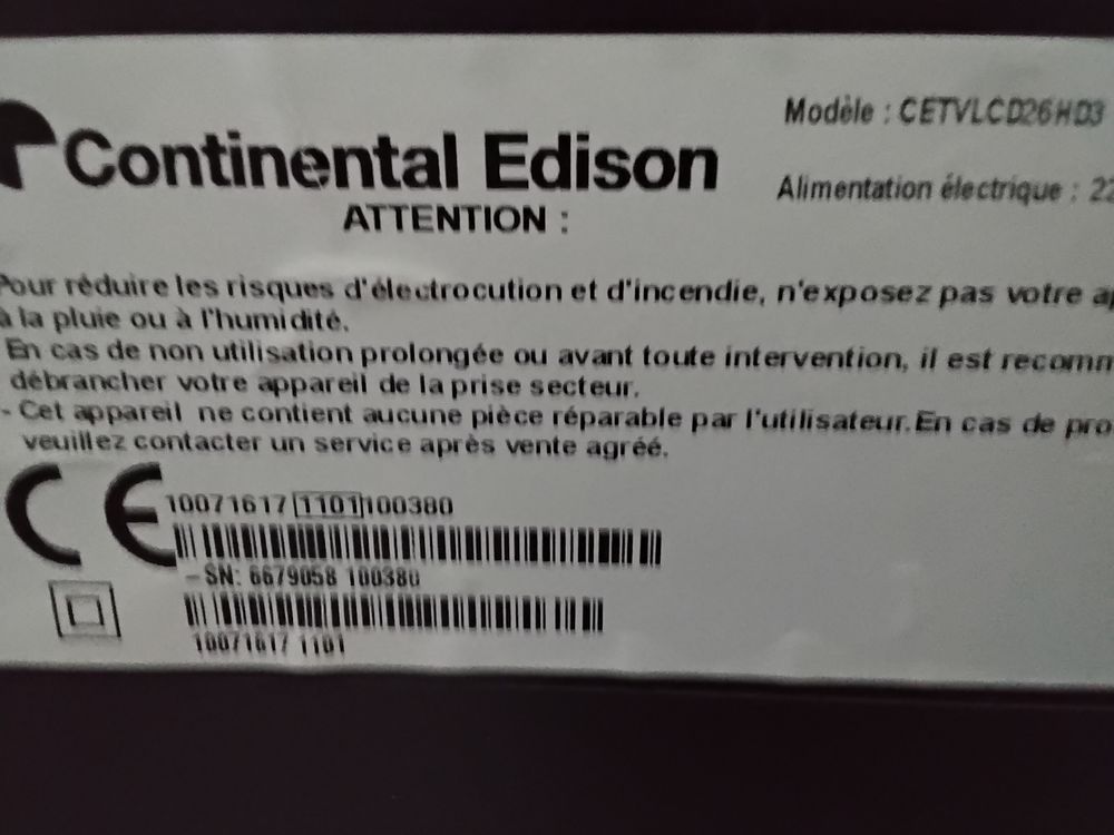 T�l�vision Continental Edison mod�le�: cetvlcd26hd3 0 Grillon (84)