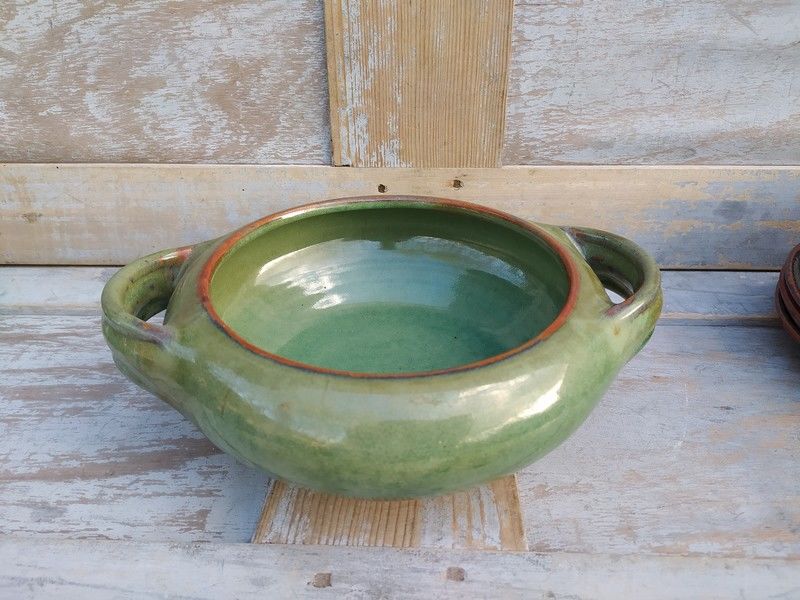 Terrine � Anses Gr�s Vert �maill� Poterie Artisanale 
40 Loches (37)