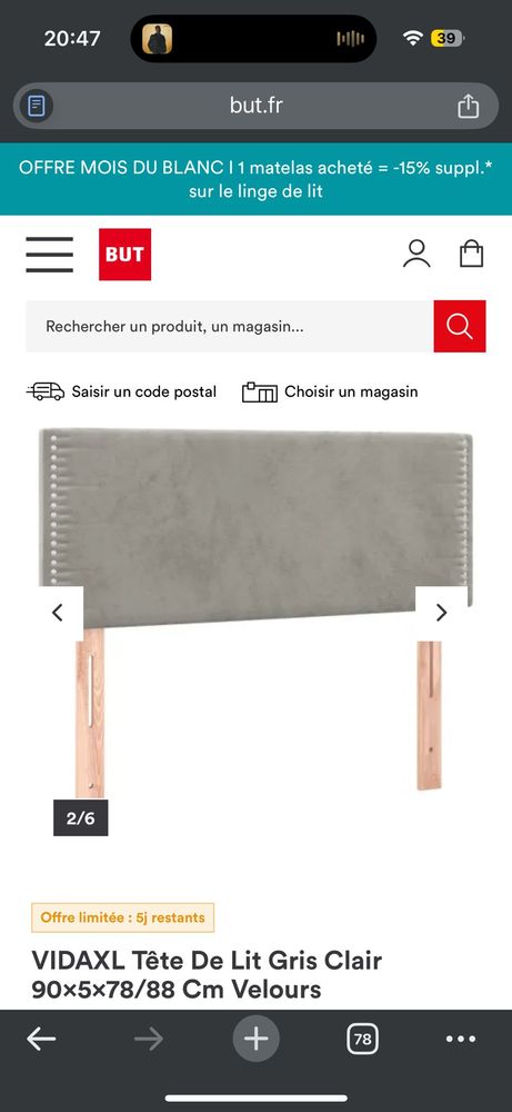T�te de lit VIDAXL Gris clair 90x5x78/88 Cm Velours
20 Bagneux (92)