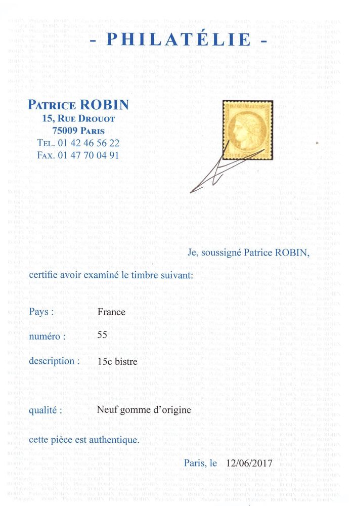 Timbre France classique neuf* n�55 cote 725 � sign� Calv�s 95 La Flotte (17)