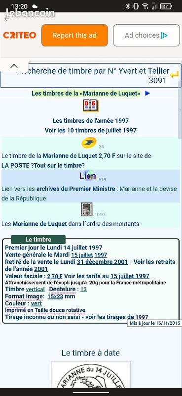 Timbre Marianne de Luquet 2 F 70 vert n'3091 0 Eurville-Bienville (52)