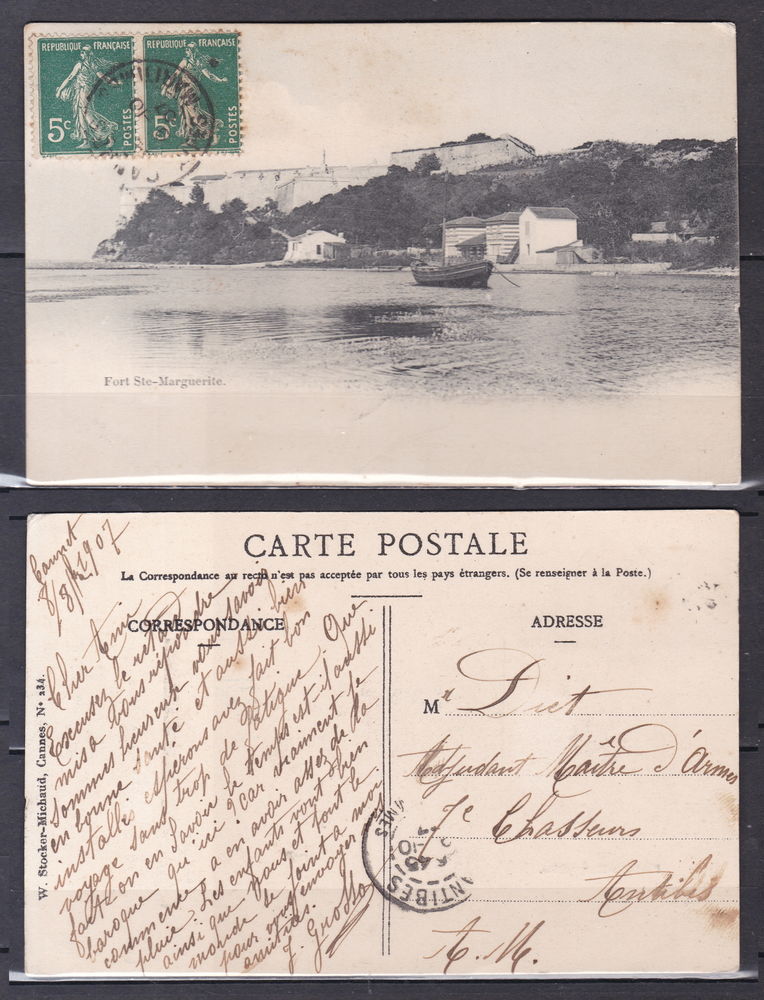 Timbres-CPA-carte postale- CANNES (06) Fort Ste-Marguerite - 6 Lyon 4 (69)
