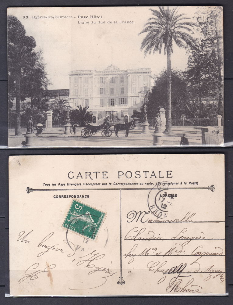Timbres-CPA-carte postale- Hyères-les-Palmiers (83) Parc Hot 3 Lyon 4 (69)