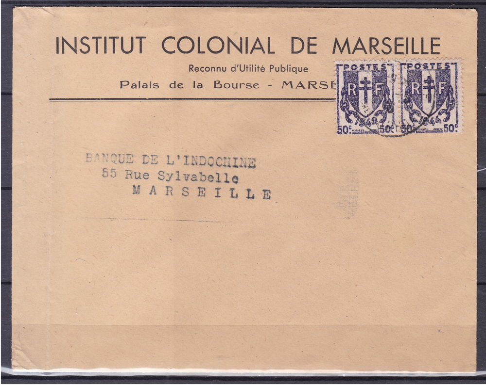 Timbres EUROPE-FRANCE-Lettre Institut Colonial de Marseille  2 Lyon 4 (69)
