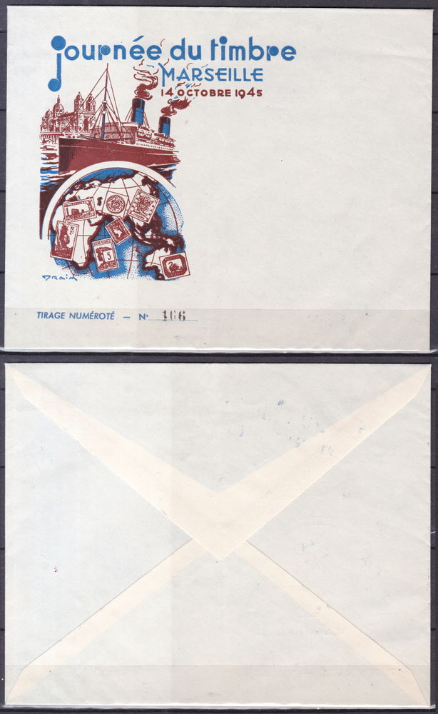 Timbres EUROPE-FRANCE-lettre Journée du timbre-Marseille 194 5 Lyon 4 (69)
