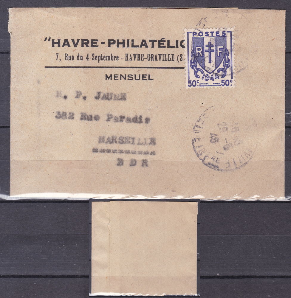 Timbres EUROPE-FRANCE-Bague de journal Havre Philatélie 1946 2 Lyon 4 (69)