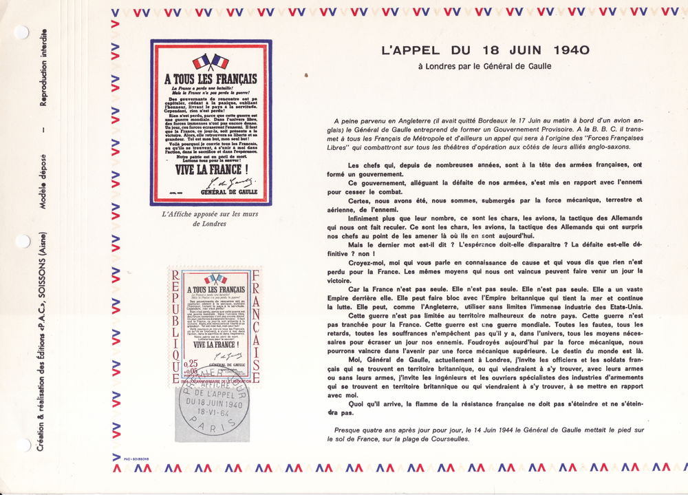 Timbres FRANCE document philatélique appel du 18 juin 1940 é 3 Lyon 4 (69)