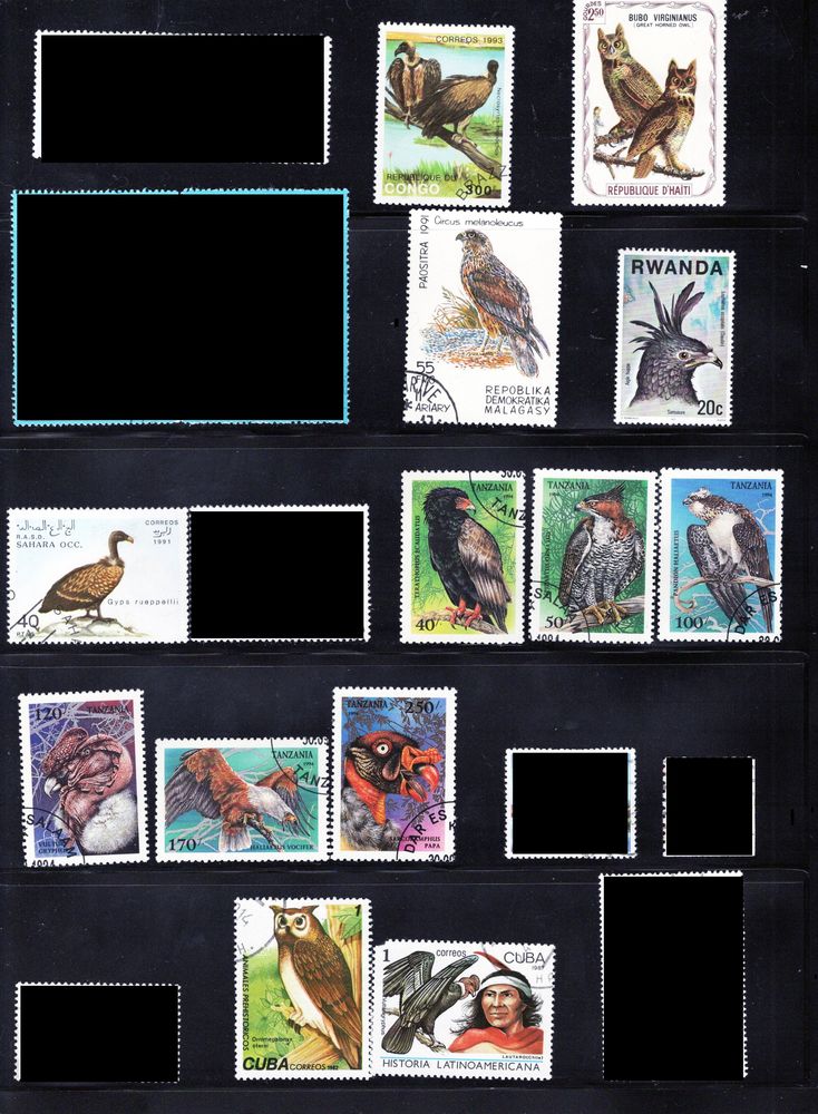 lot de 54 timbres du MONDE avec des RAPACES 3 Les �glisottes-et-Chalaures (33)