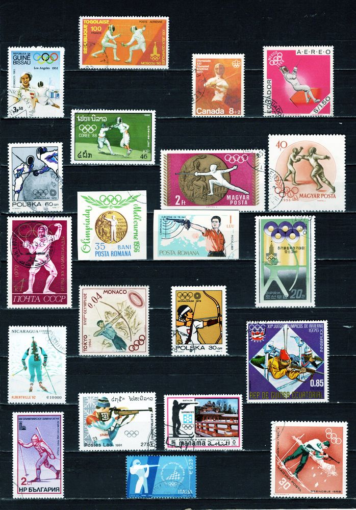 21 timbres du MONDE  ESCRIME et SPORTS de TIR  1 Les �glisottes-et-Chalaures (33)