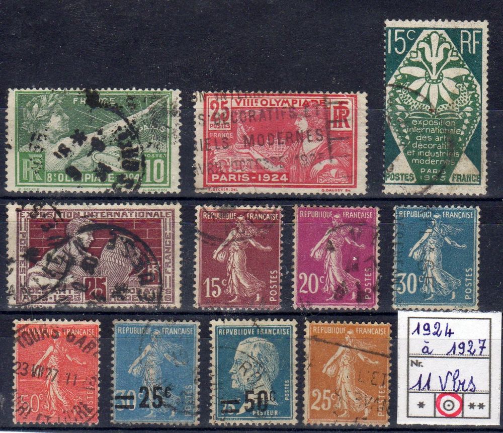 LOT de 11 TIMBRES OBLITERES
de 1924 & 1927 2 Caumont (09)