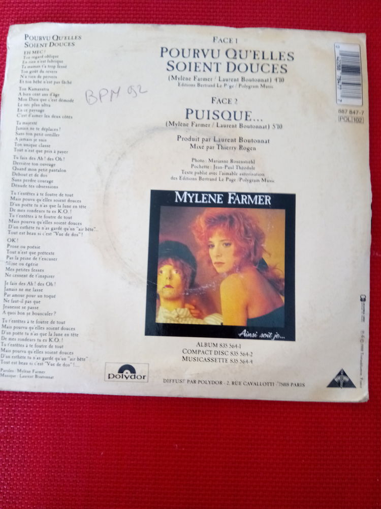 45 tours Myl�ne Farmer  Pourvu qu'elles soient douces  2 Brest (29)