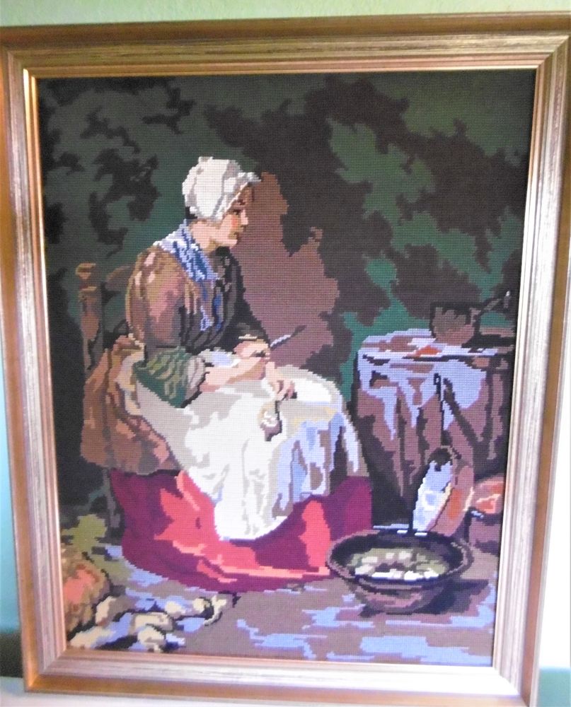 TRES ANCIEN TABLEAU Tapisserie-canevas LA POURVOYEUSE . 120 Orgelet (39)