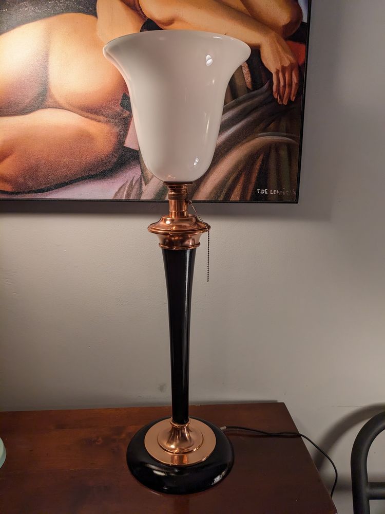 Tr�s belle lampe art d�co MAZDA 1930 CUIVRE et LAQUE NOIRE e 275 Marseille 13 (13)