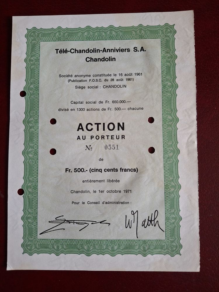 Tr�s rare action 500 francs suisses T�l� - Chandolin - Anniv 35 Vichy (03)