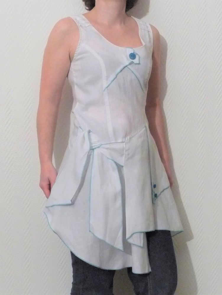 Tunique 100% Lin Blanc Bleu Turquoise sans manches-Me Paris 80 Paris 15 (75)