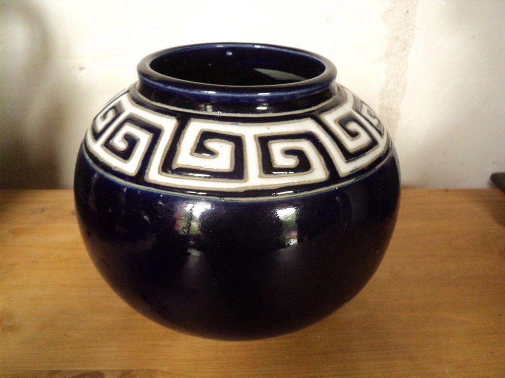 Vase C�ramique Bleu Motif Grecques 20 Loches (37)
