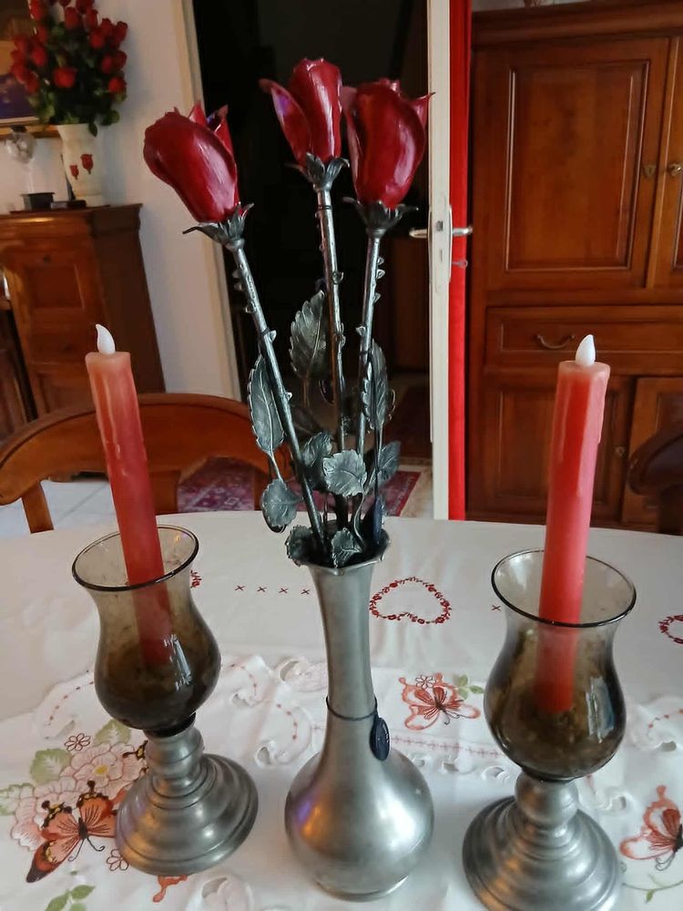  Vase vintage 3 roses �tain 2 photophores �tain verre bull� 50 Beaune (21)