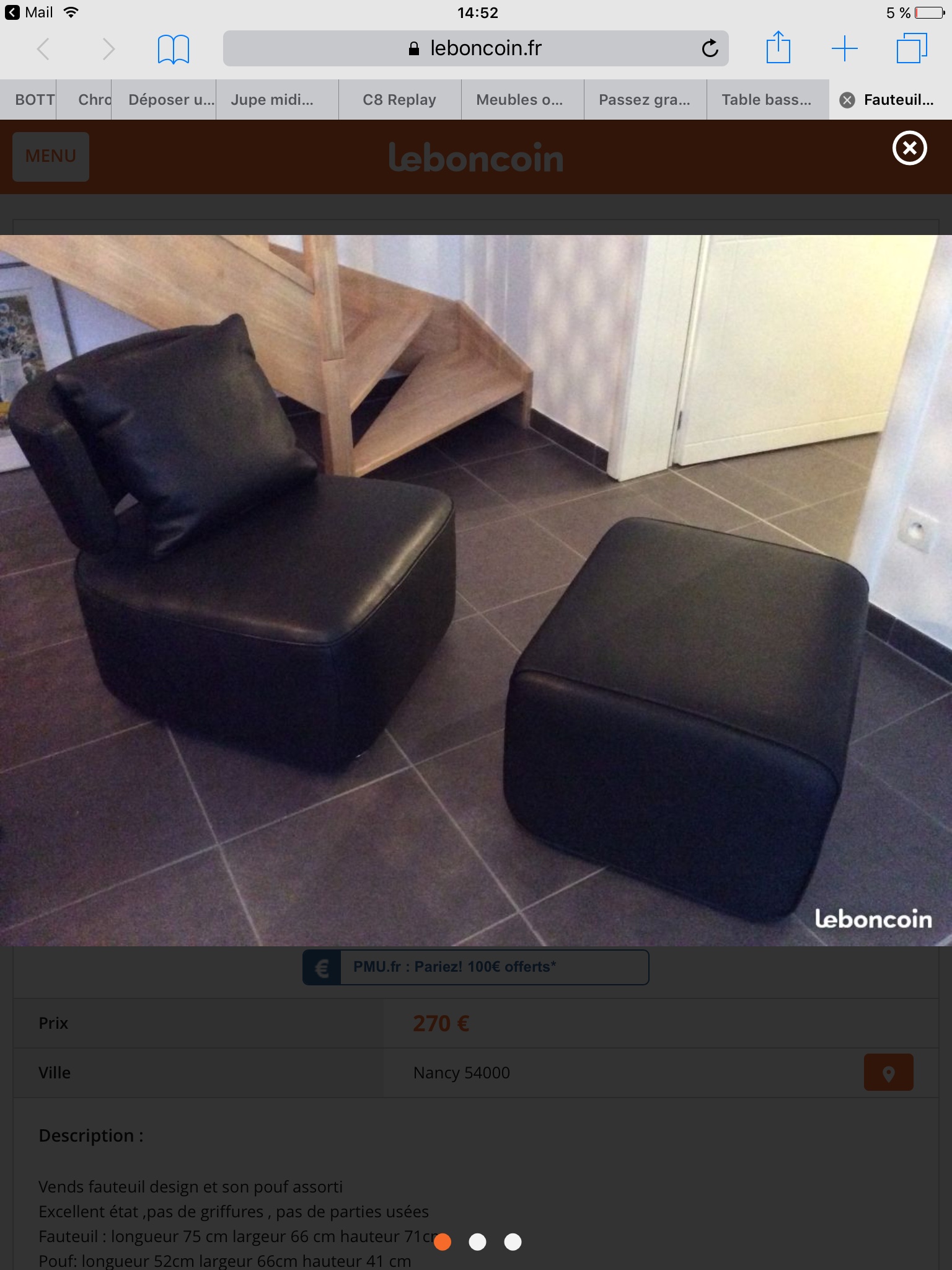 vends fauteuil et pouf en cuir 210 Nancy (54)