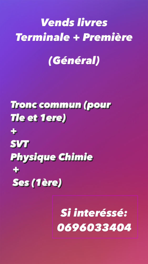 Vends livre Terminale et 1�re G�n�rale + Sp� SVT PC SES 0 Martinique (97)