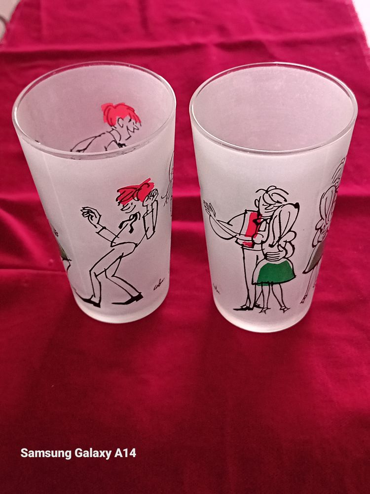 LOT DE 2 VERRES DECO DESSINS SIGNE CABU 14 Roanne (42)