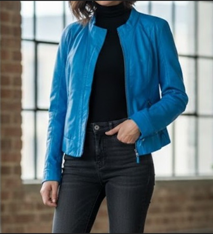 Veste femme bleu en cuir d'agneau 60 Saleilles (66)