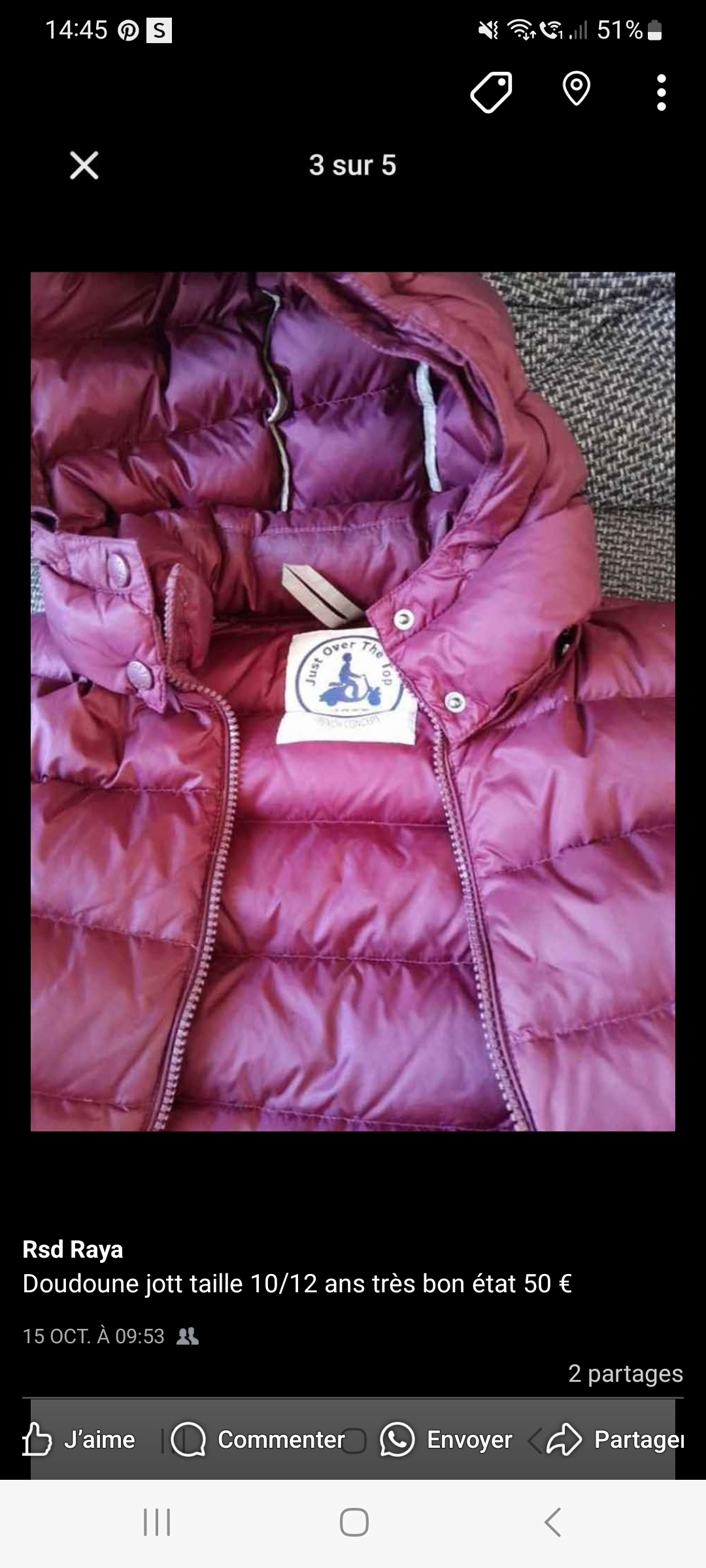 veste jott 10 ans couleur rose fonc� tr�s bon �tat 40 S�te (34)