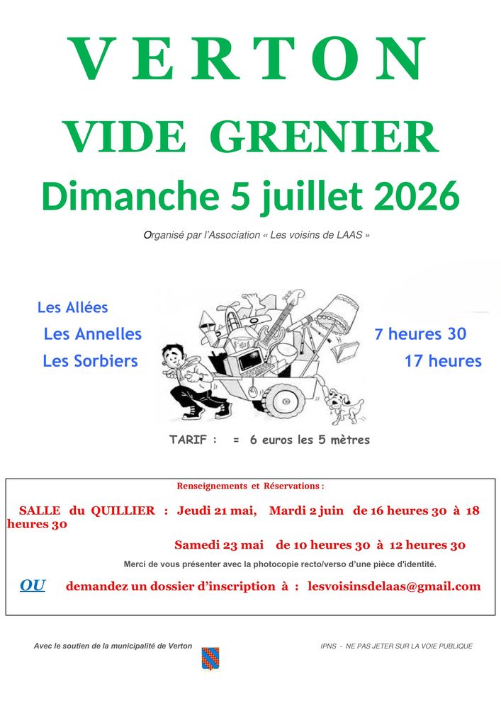 VIDE GRENIER 
DIMANCHE 5 JUILLET 2026
&agrave;  VERTON (62180) 0 Verton (62)