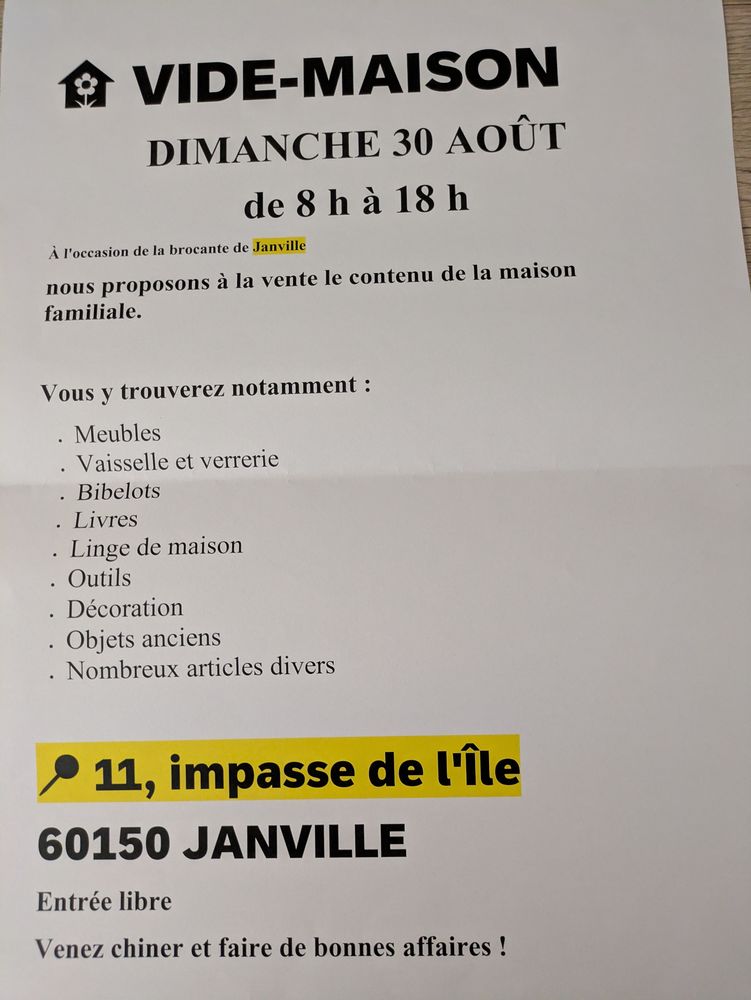 vide maison &agrave; Janville 
11impasse de l &icirc;le le 30 ao&ucirc;t 2026 0 Janville (60)