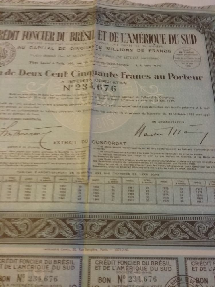Vieux documents obligations emprunts de 1929 5 Boutervilliers (91)