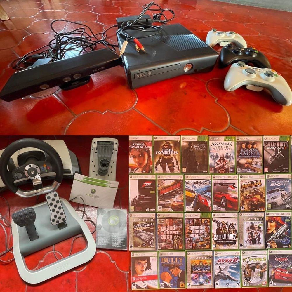 Lot Xbox 360 avec kinect+volant+ 3 manettes  et 36 jeux 190 Brottes (52)