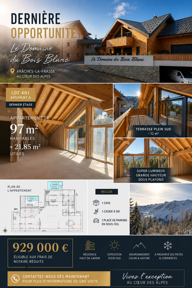 T4 de 96 m2 + 21 m2 utiles en FRAIS DE NOTAIRE REDUIT avec terrasse/cave, casier ski, et 2 parkings couvertsLe titre de votre annonce
