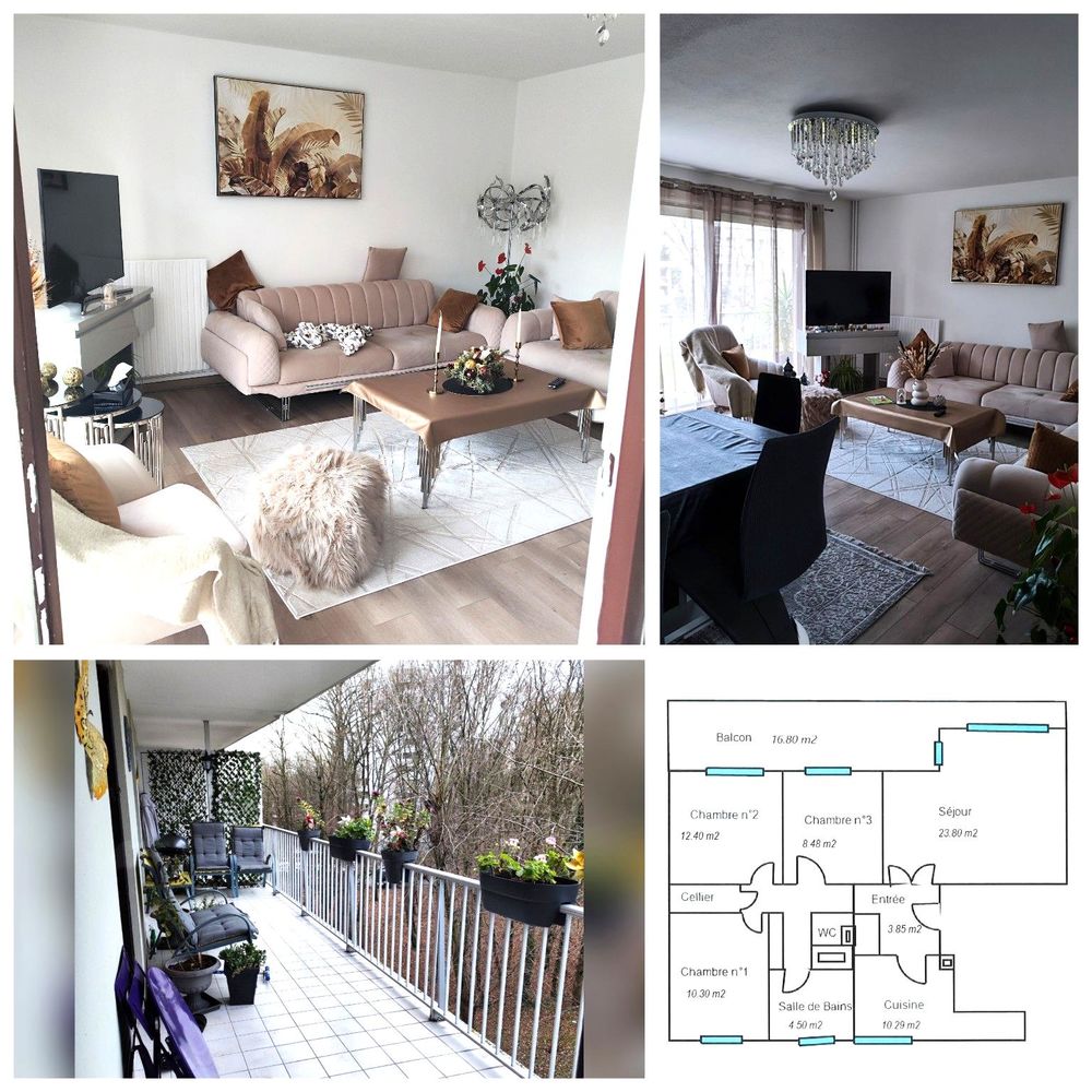 Appartement 4 pièces 82 m² Balcon 16 m², 2 parkings, calme