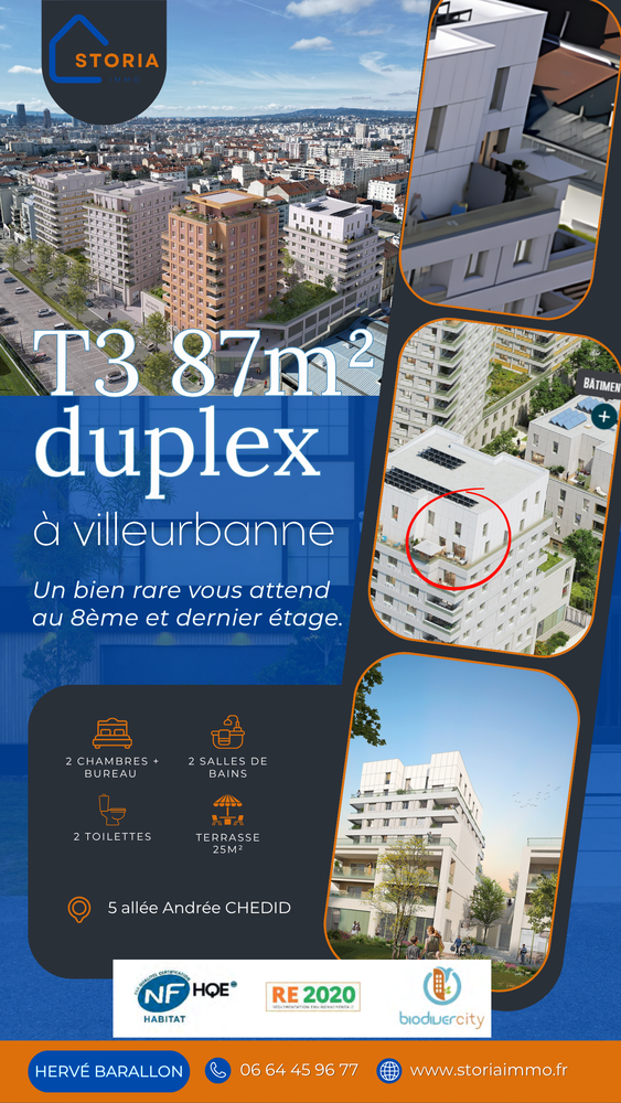 Appartement T3 87m², duplex , 8ème et dernier étage