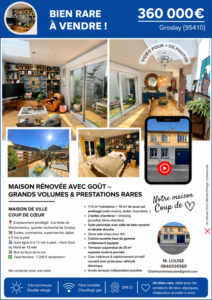 Maison rénovée haut de gamme avec salle cinéma proche gare