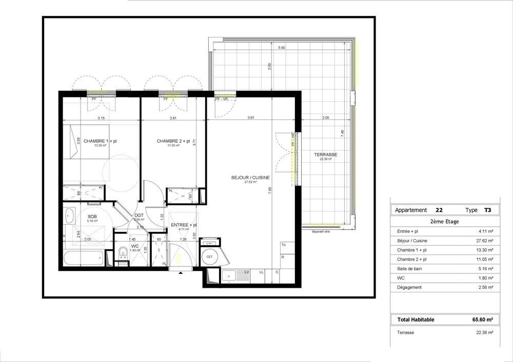 GRAND 3 pieces au DERNIER ETAGE