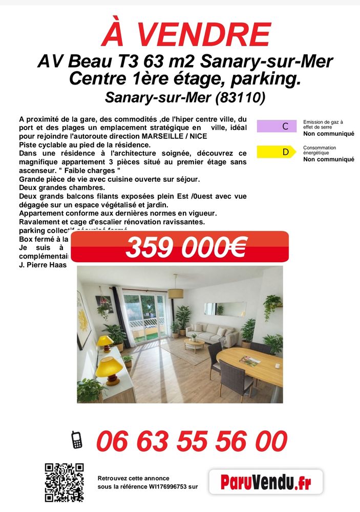 T3 Centre Sanary-Sur-Mer 1ère étage parking