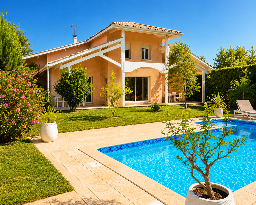 Belle maison d'architecte ARES avec jardin arboré et piscine