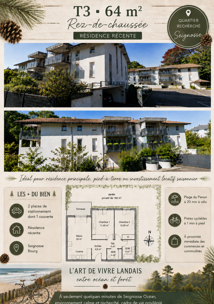 SEIGNOSSE BOURG T3 REZ-DE-JARDIN DE 64m² & TERRASSE COUVERTE