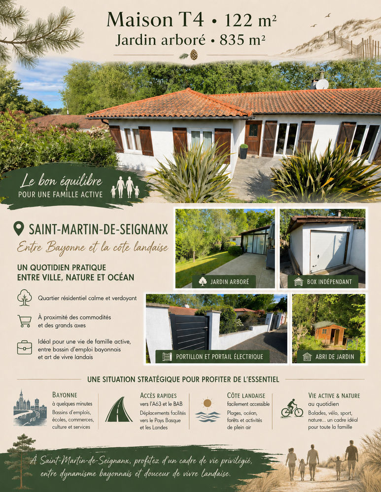 Maison T4-122m² de plain-pied avec jardin arboré de 835m²