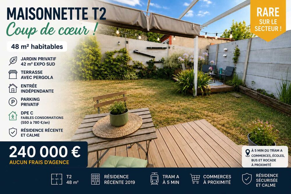 T2 en maisonnette avec jardin privatif, plein sud 48,26 m², Sans frais d'agence