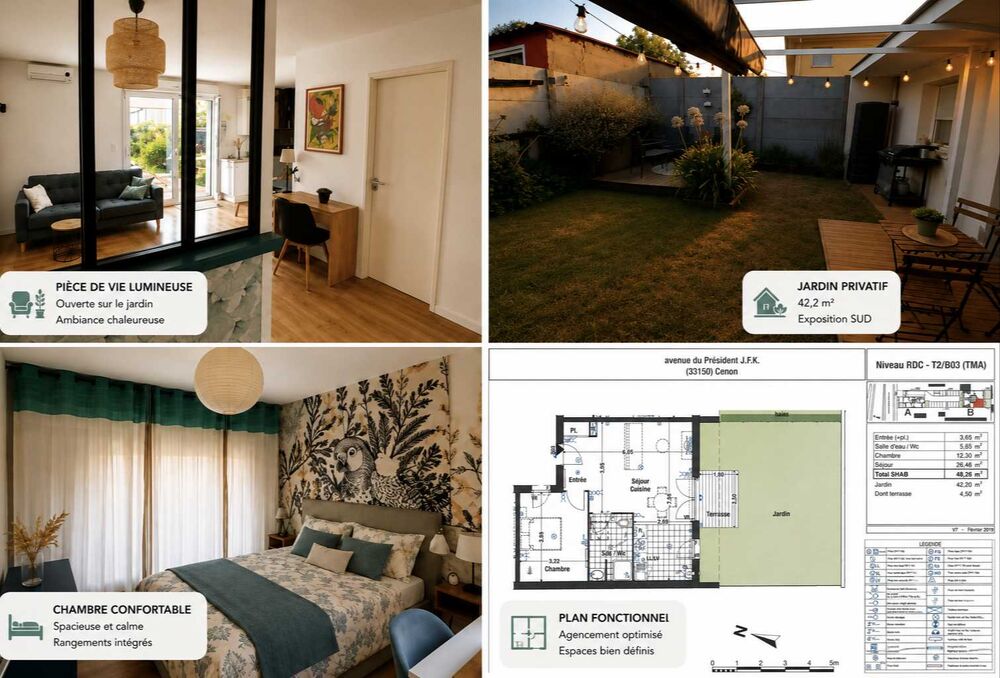 T2 en maisonnette avec jardin privatif, plein sud 48,26 m², Sans frais d'agence