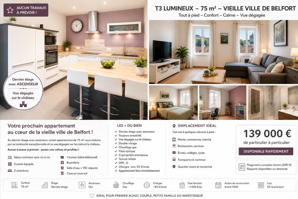 Vieille Ville BELFORT T3 75 m2 avec ascenseur