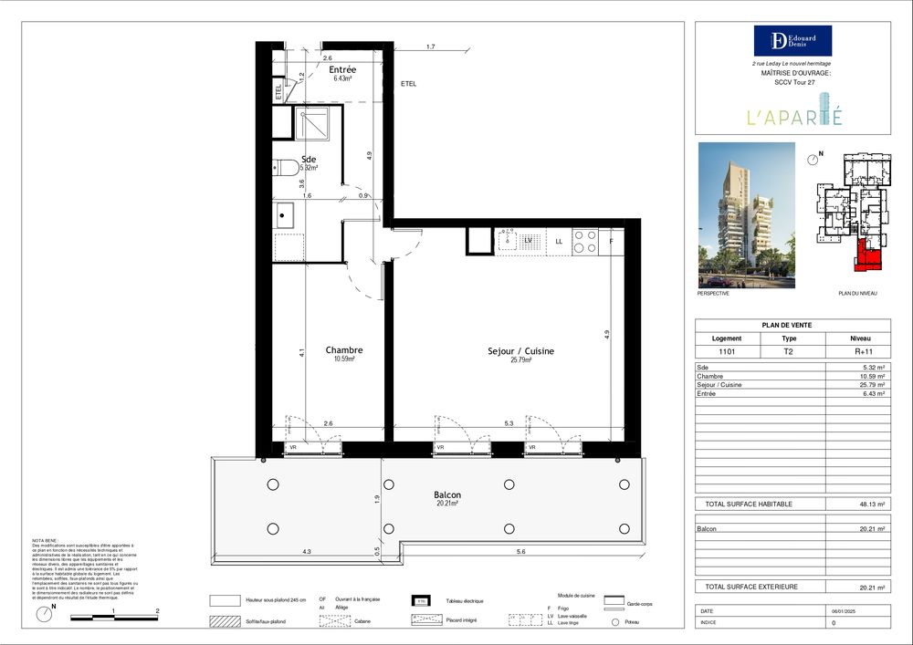 Appartement T2 neuf - 48 m² + balcon 20 m² - Étage élevé